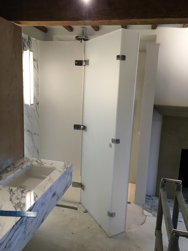 Bespoke frosted glass shower enclosure in Camden Town luxury bathroom